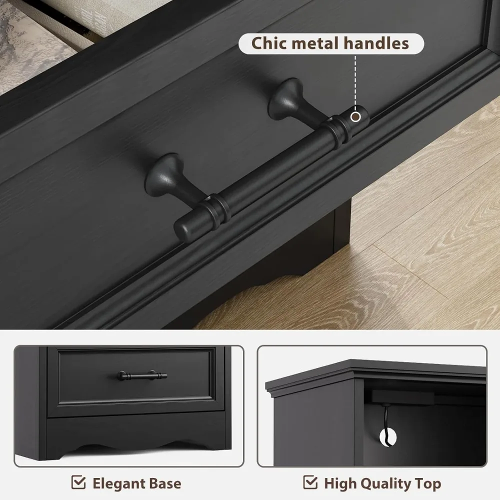 منضدة سوداء لمحطة الشحن، طاولة نهاية على طراز المزرعة مع درجين، خزانة تخزين بجانب السرير، موفر للمساحة، Uni