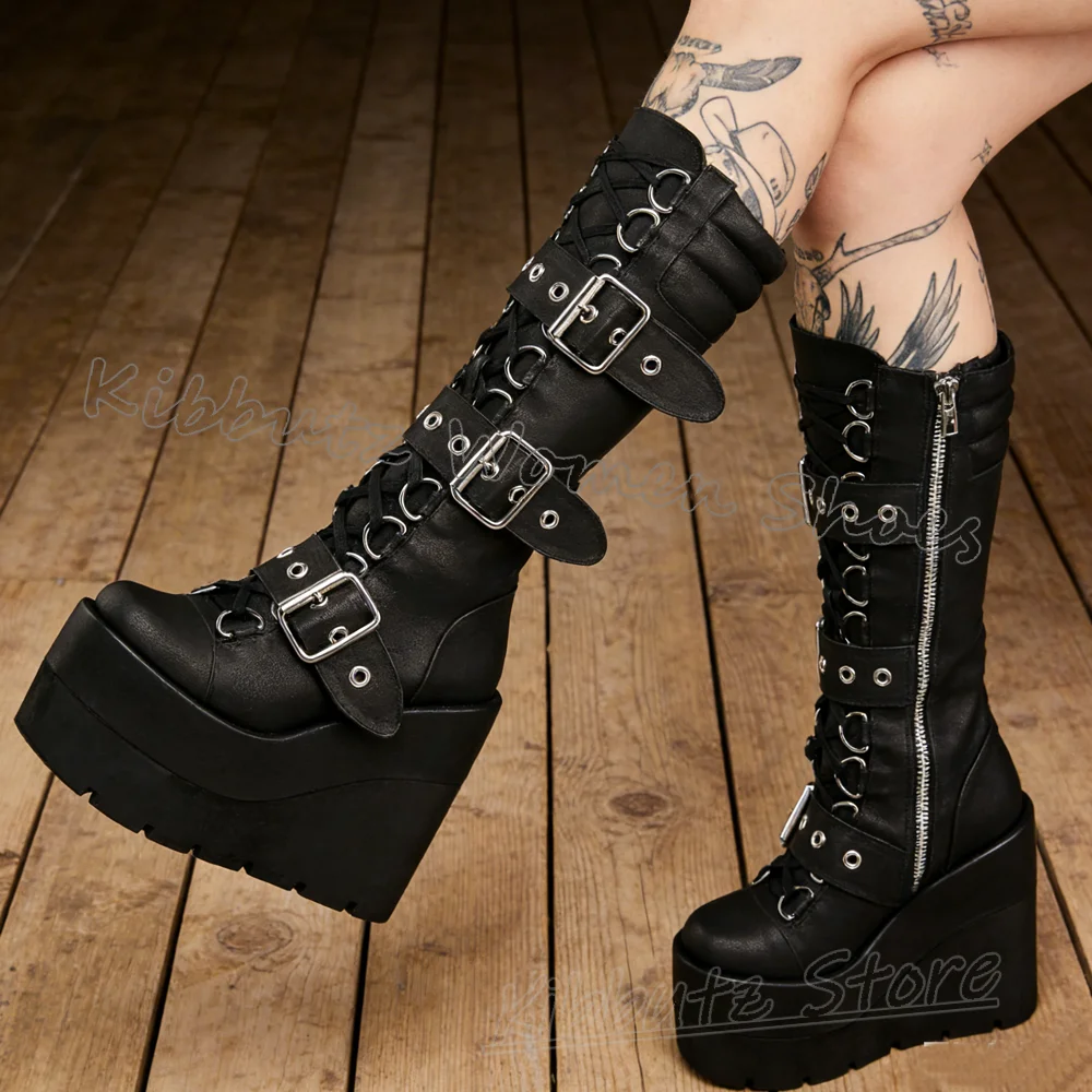 Platform Knee High Boots Leather Solid Color Leather Belt Buckle Lace-Up Women Shoes Round Toe Thick Bottom Fashion Novelty New