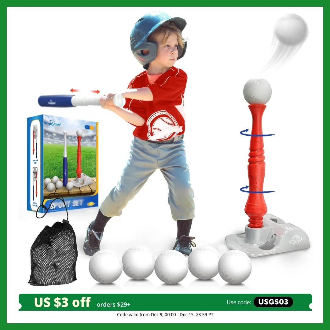 EagleStone T-Ball Sets, 6 Balls, Adjustable Batting Tee, Outdoor Baseball for Kids 3-12