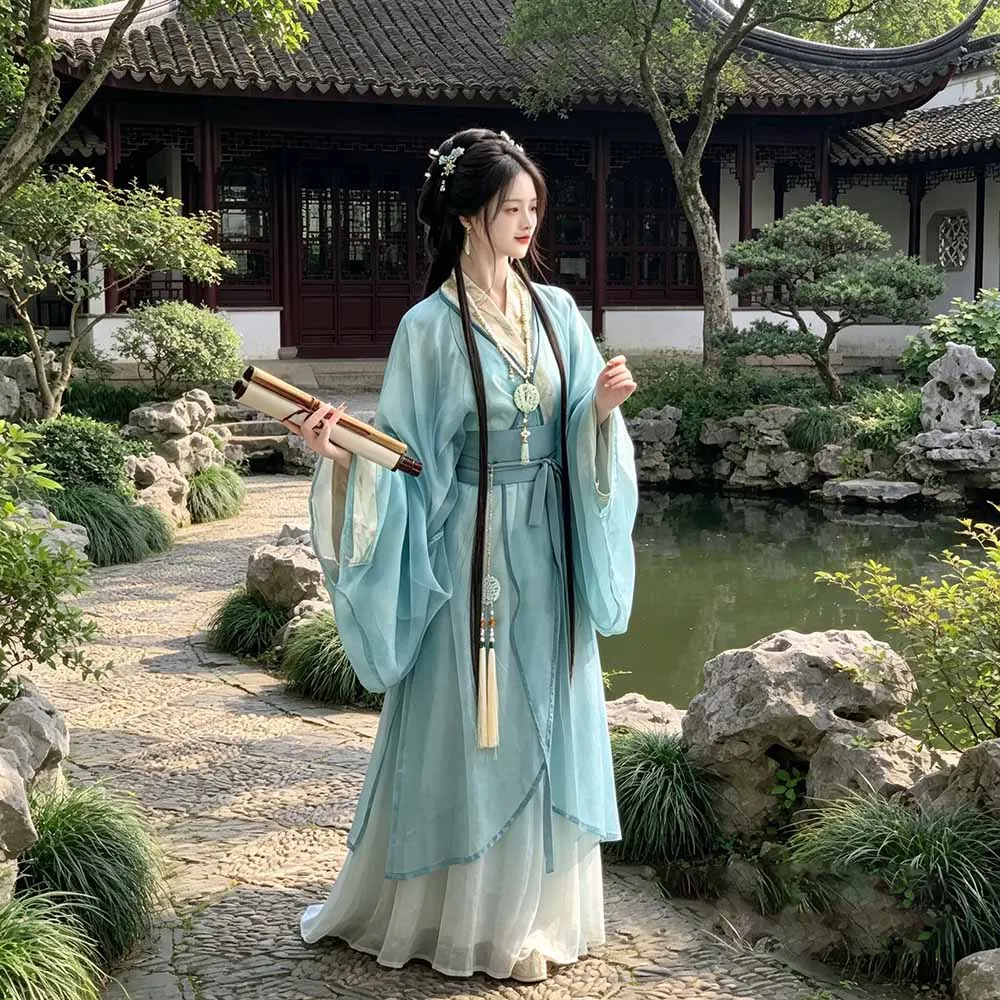 

Blue Hanfu 3-Piece Set Women Modern Chinese Hanfu Dress Summer Sheer Jacket, Blue Cami & Printed Flowy Wide-leg pants For Girls