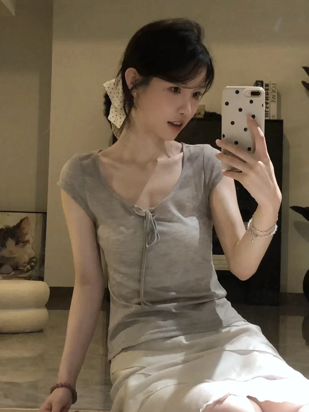 

Korean Sle Slim Fit ort Sve T-irt Women's Summer Thin Base Beautiful Small Top U-Ne Dstring Cotton Pure Color