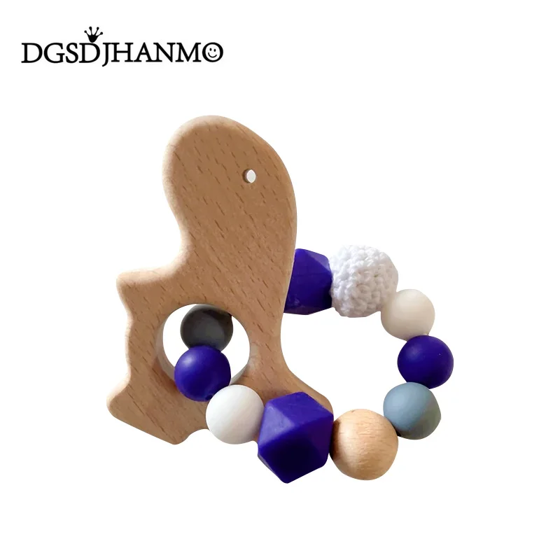 JHANMO Baby Teether Silicone Bracelet BPA Free Cute Animal Silicone Pendant Wood Ring Teething Rattle for Baby Accessories Toys