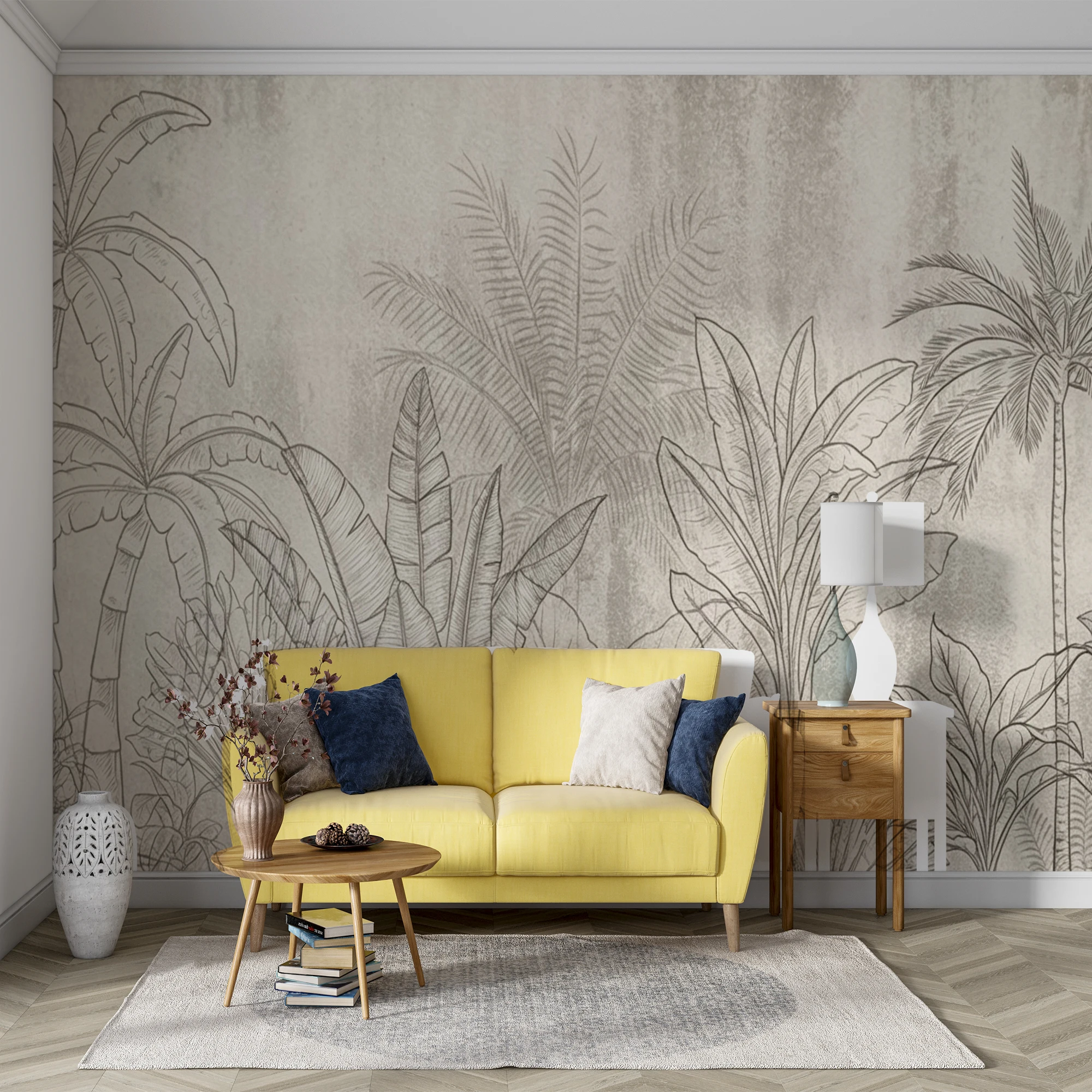Custom Sketch Tropical Palm Banana Leaf Mural Wallpaper Vintage Line Drawing Jungle Wall Paper for Living Room Decor