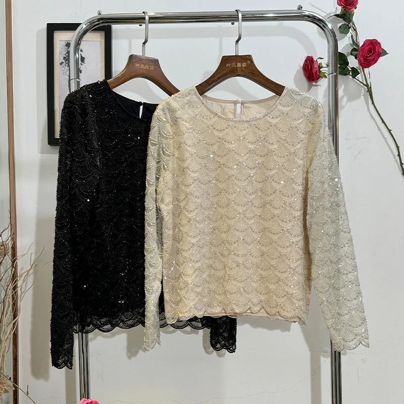 

Faionable Yanie Mermaid Long Sve Beaded Lace Top Glittering Par Stage Top Women's Premium Lace irt Spring 2024