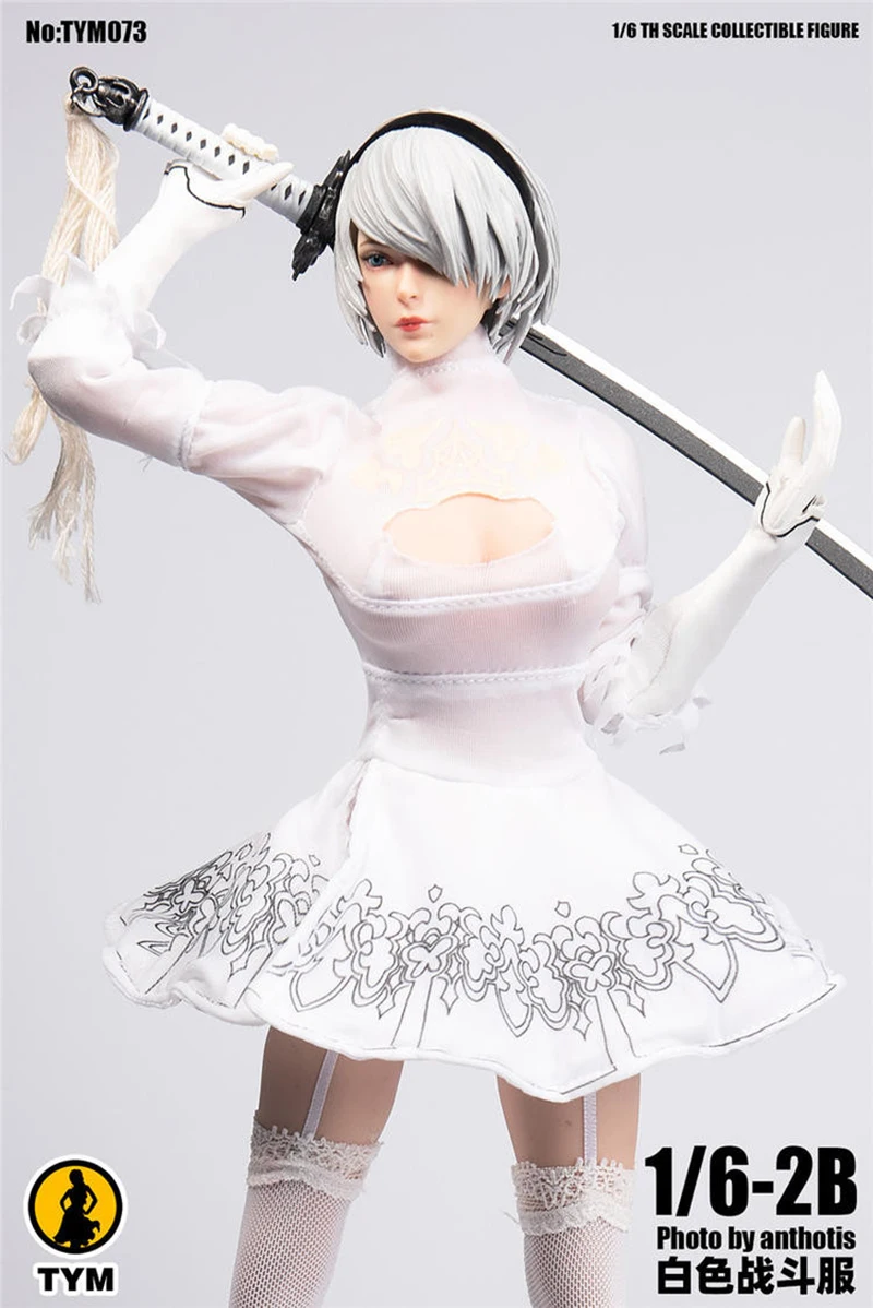 1/6 TYM073 NieR Automata 2B Female White Battle Costume Skirt Clothes Sliver Hair Head Sculpt Carving for 12