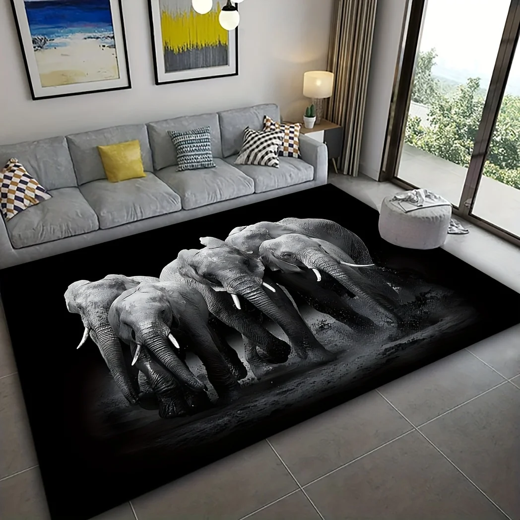 African Elephant Pattern Rectangle Area Rug, Non‑Slip Washable Home Floor Decor, Farmhouse‑style Practical Ornament for Bedroom