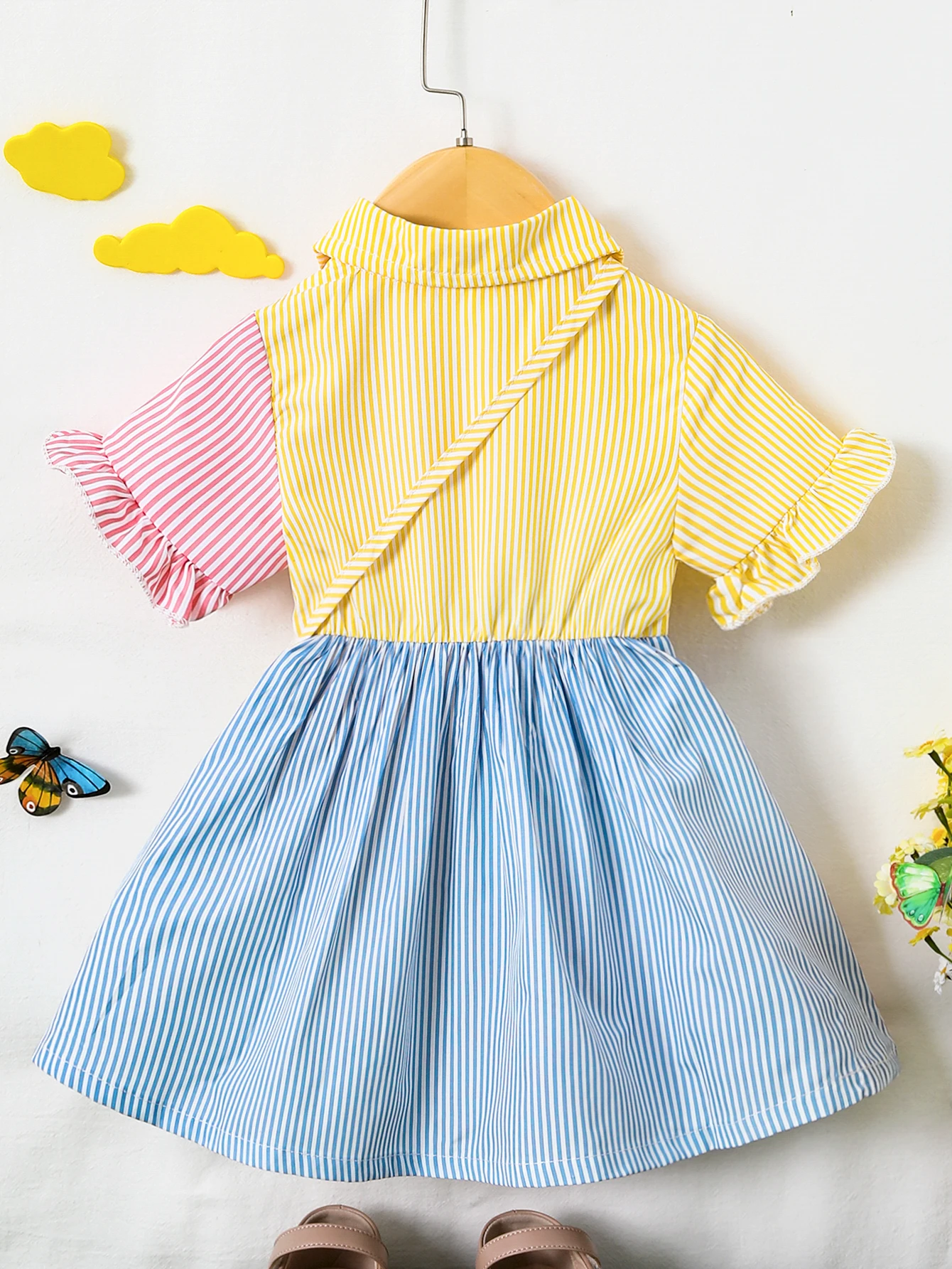 Girls Dress With Lapel Flared Sleeves Button Closure Waist Puffy Skirt Butterfly Bag Loose Travel New Style