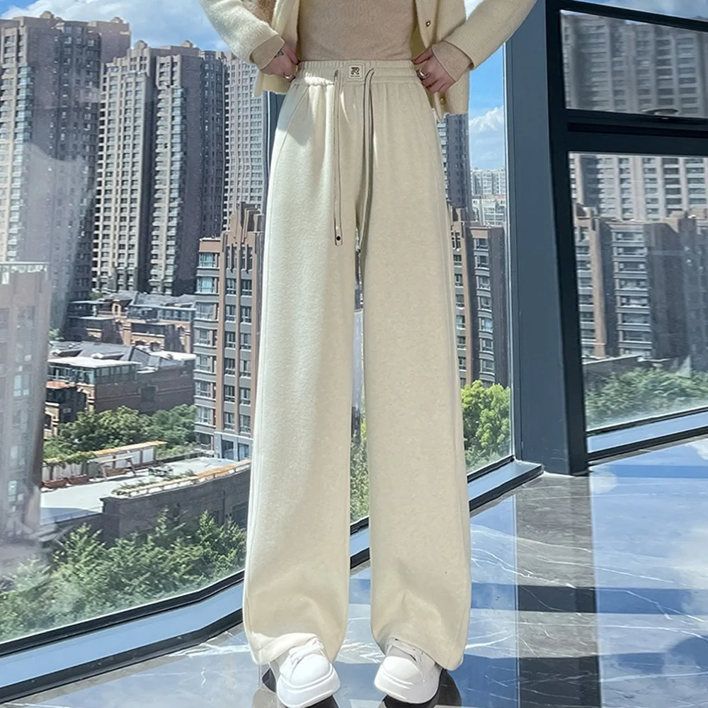 

Apricot straight leg pants for women's autumn and winter new high-end fashion plus size elastic waist casual wide leg pants