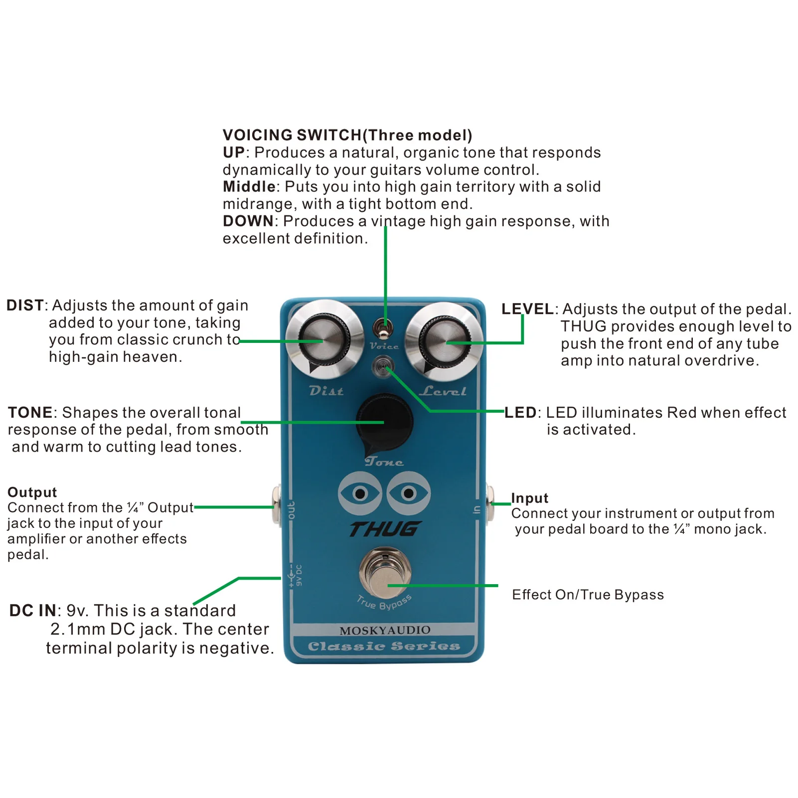 MOSKYAUDIO THUG High Gain Distortion Guitar Effects Pedal 3 Mode Tone Switch Adjustable Gain Tube Amplifier Sound Simulation