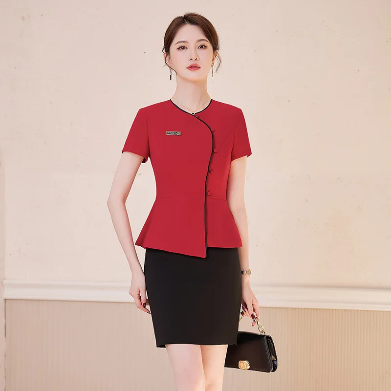 Summer new short-sleeved suit professional outfit for women, suitable for beauty salons, hotel front desk managers, and service