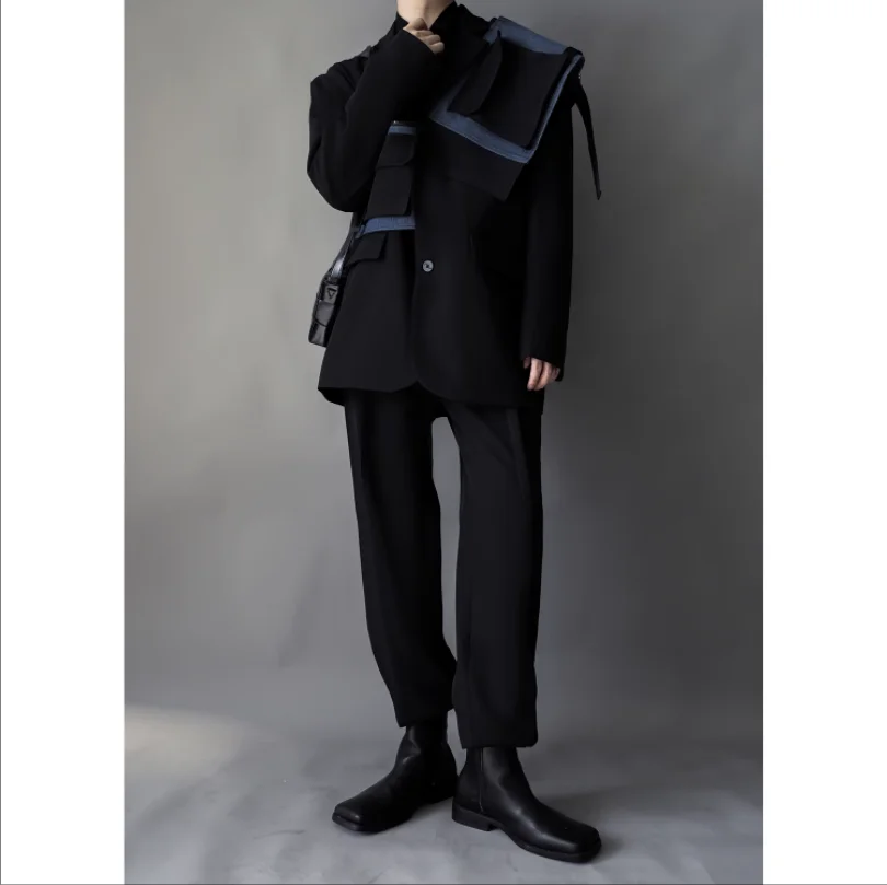 2023 Original asymmetrical design sense splicing casual suit jacket men loose trend senior sense suit tide