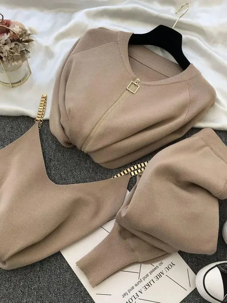 Spring Knit 3 Piece Sets O-neck Cardigan Outfit Chain Vest Ensemble Ankle Length High Waist Harem Pant Suits Soft Woman Conjunto