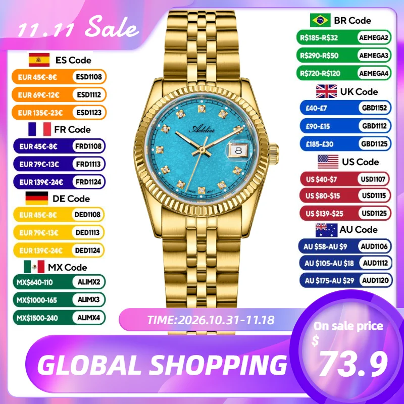 Addies Luxury Women Quartz Watch Gold Silver 316L Stainless Steel Ladies Date Wristwatch Business 5Bar Waterproof Luminous 28mm