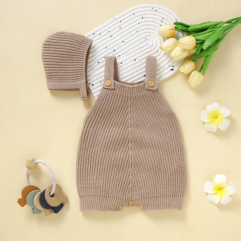 Brown Baby Rompers Hats Clothes 0-18m Solid Sleeveless Knit Newborn Boys Girls Sunsuits Jumpsuits Outfits 2pcs Set 0-18m Costume