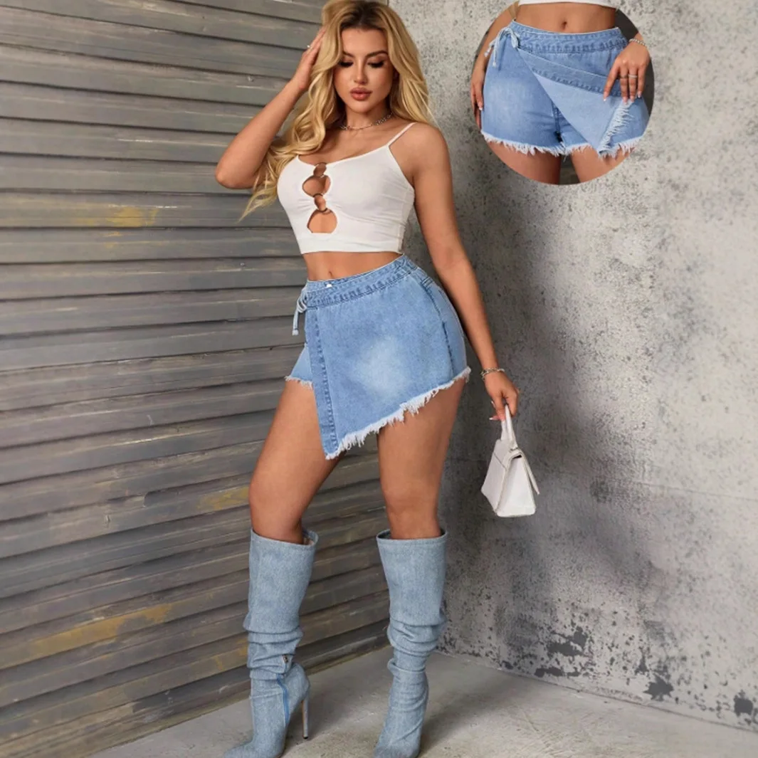 Mode nouvelles femmes enveloppé dans les hanches irrégulière taille haute gland denim shorts faux deux pièces shorts jupes