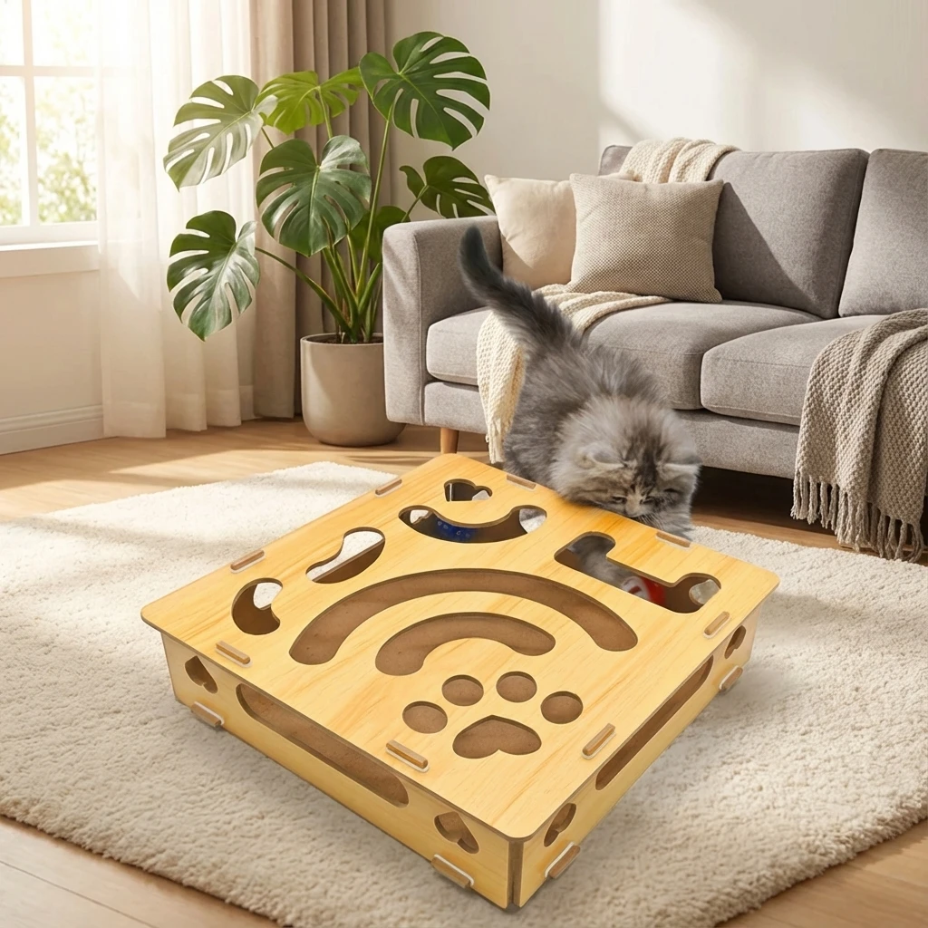 Caja de enriquecimiento de lima de uñas para gatos con bola, tablero para rascar uñas de mascotas, caja de golosinas para gatos de interior, juguete autodentogedor, juego interactivo