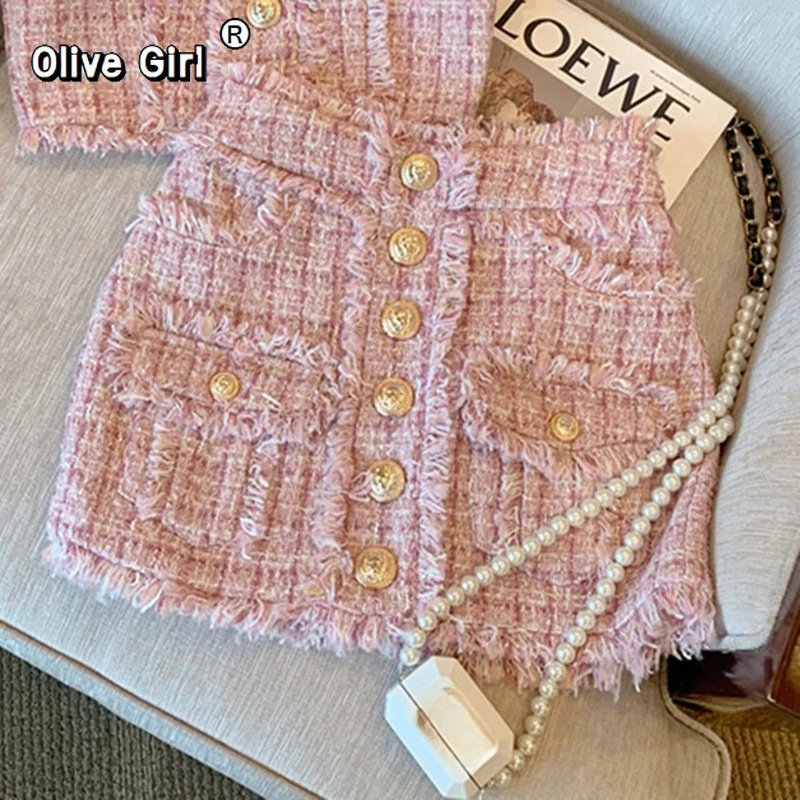 Olivegirl Women Sleeveless Top+ Mini Skirt Suit  Korean Weave Plaid Tweed 2-Piece Set Summer Luxury Gold Button Party Outfit - view 6