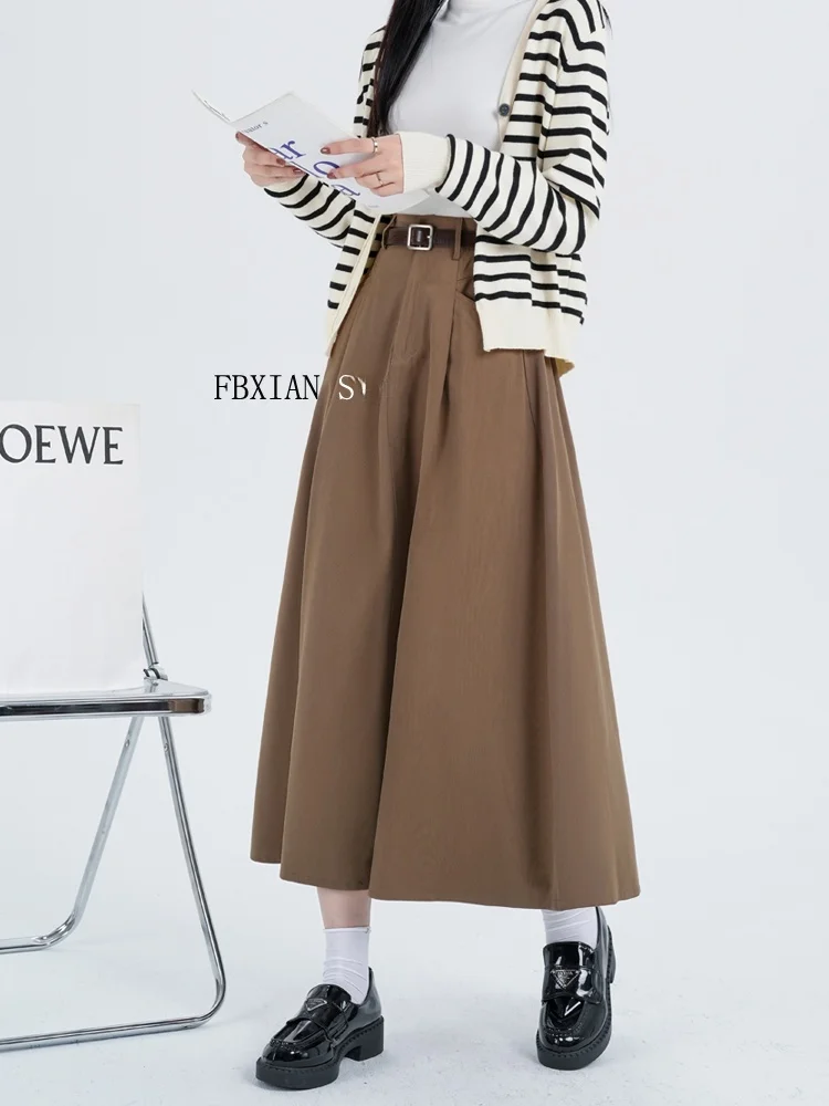 

Коричневая ретро-юбка А-силуэта с высокой талией, женская осенне-зимняя миди-юбка, стройнящая, скрывающая бедра, в корейском стиле, для работы, юбка-зонтик