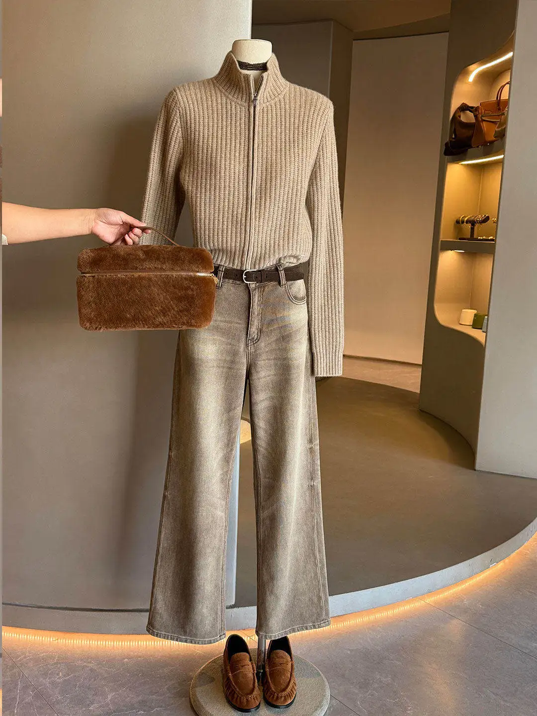 

Весенний комплект 2026: вязаный свитер-накидка в корейском стиле и брюки с высокой талией и широкими штанинами, повседневный комплект из двух предметов, с высоким воротником, длинными рукавами и молнией