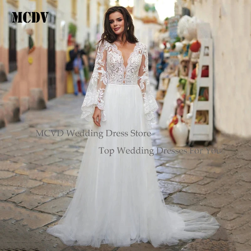 

2026 A Line Wedding Dresses V Neck Lace Long Sleeve Bride Gown Tulle Train Illusion Boho Bridal Dresses for Customized MCDV