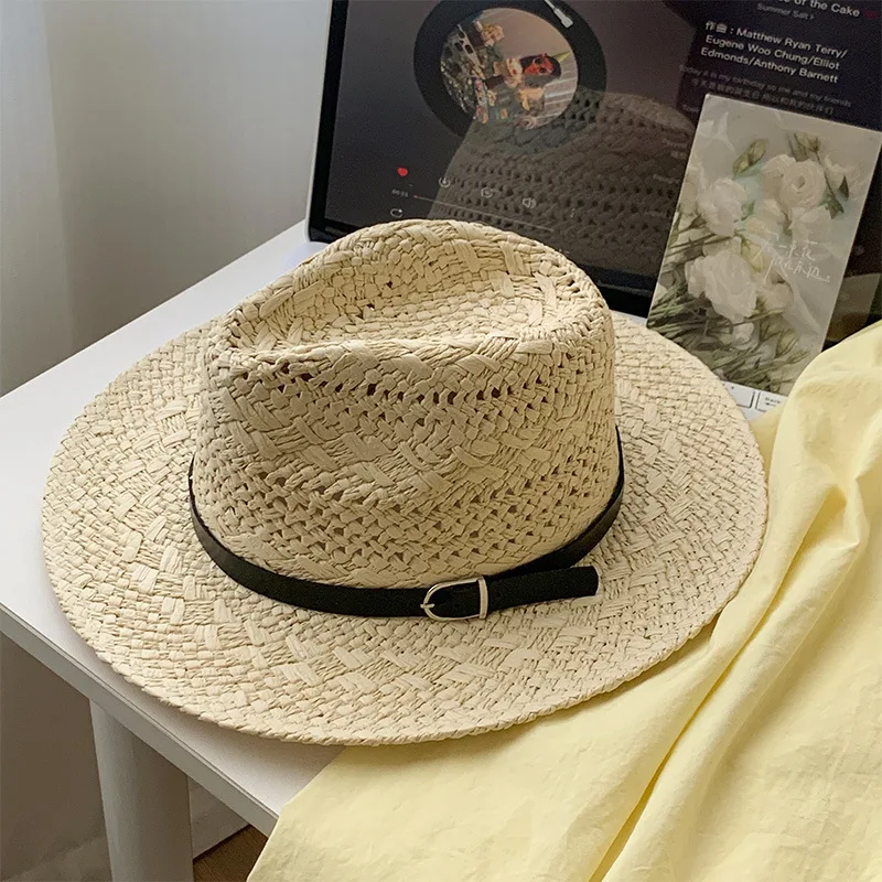 Straw Western Cowboy Hat for Women Men Classic Vintage Hollow Out Unisex Curled Wide Brim Sun Hat Fishing Hat Climbing Cap image 3