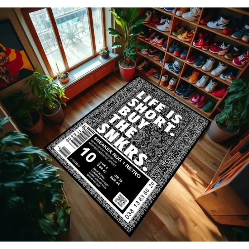 SNEAKER RUG LIFE IS SHORT COMPRE THE SNKRS Diseño de etiqueta de zapato Alfombra Patrón de código de barras Alfombra Ropa de calle urbana Decoración del hogar Alfombra antideslizante