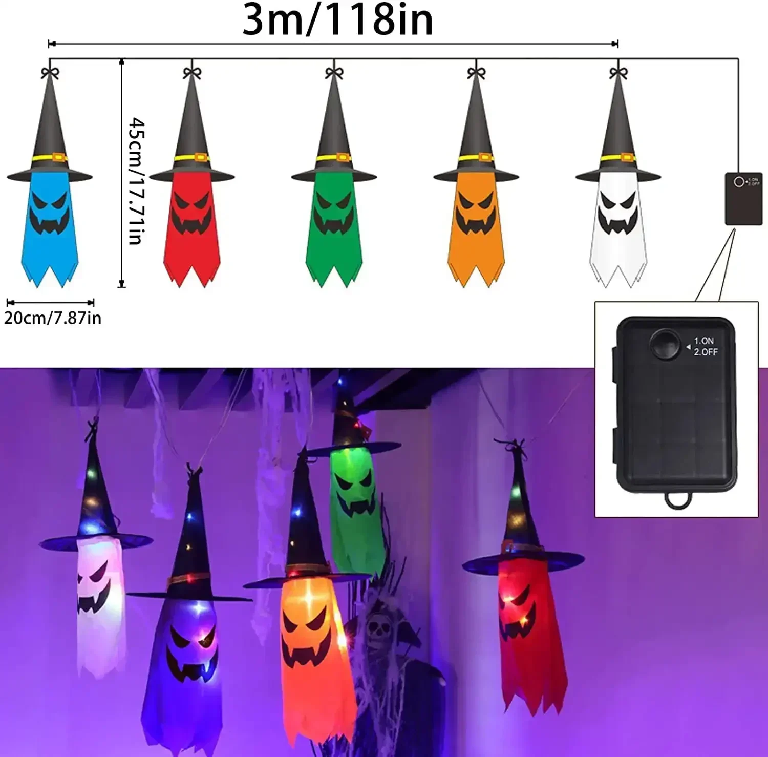 5 Pcs Halloween Witch Hat String Lights,Colored LED Lights Halloween Glowing Decoration for Yard Tree Garden Party Decor