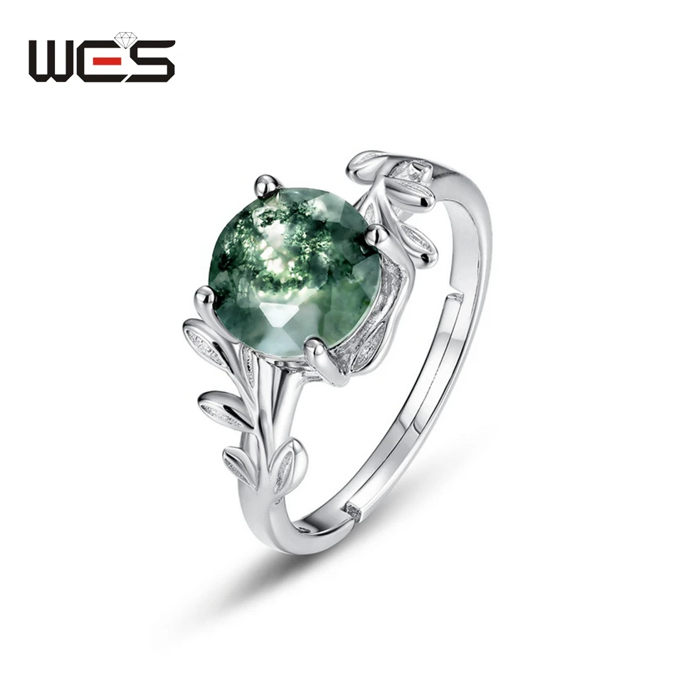 WES 925 Silver Natural Adjustable Olive Branch Moss Agate Promise Ring For Woman Unique Gem Wedding Jewelry Gift Box Wholesale