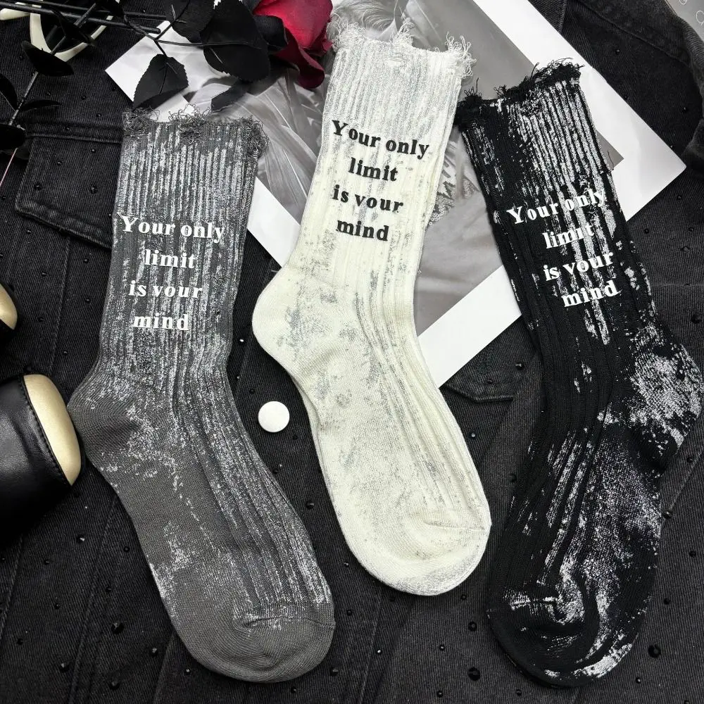 Fashion Ripped Hollow Socks Womne Letter Personality Mid-Calf Socks Streetwear Stripe Painted Cotton Socks Autumn