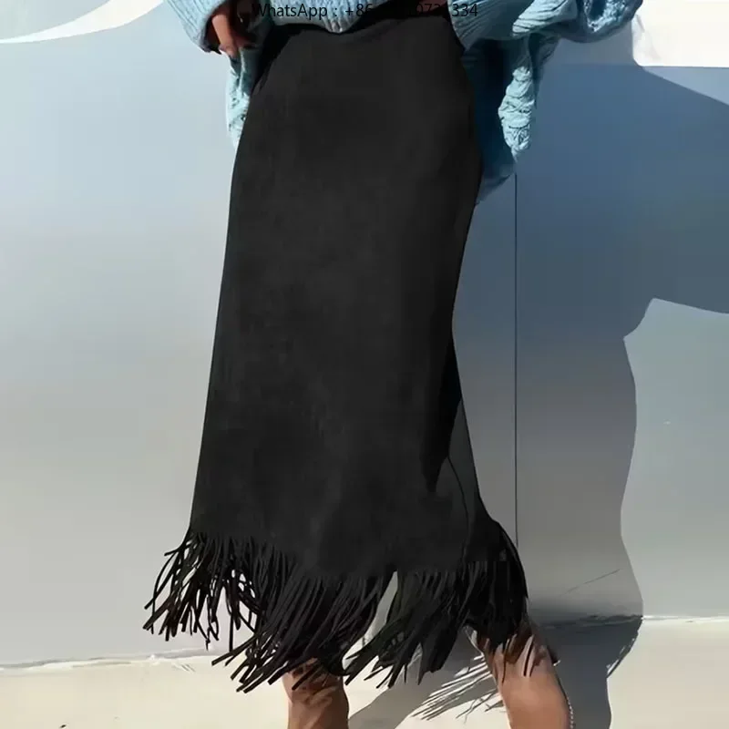 Vintage Clothes Solid Suede Tassel Skirt Woman Spring Fashion High Waist Slim Hips Skirt Autumn Fashion Sexy H-shaped Long Skirt