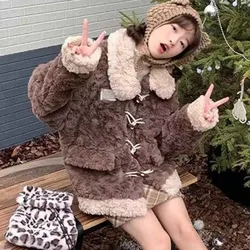 Coreano carino Vintage monopetto lana di agnello donna giacche inverno sciolto addensato caldo peluche velluto cappotto Casual Kawaii Outwear