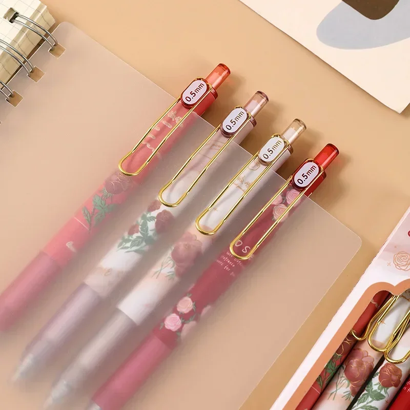 4pcs 0.5mm Black Ink Gel Pens Vintage Roses Signature Pens Korean Stationery Students Gifts School Office Writing Supplies