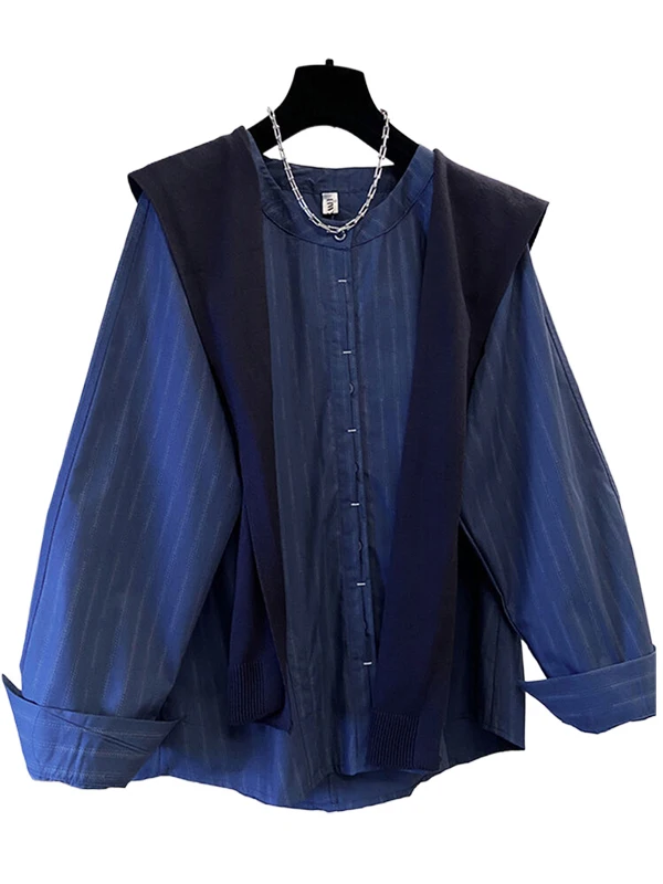 

Blue Striped Open Front Oversized irt College Sle Early Autumn Aosphere Feeling Long Sve round Ne Cotton Women's S...