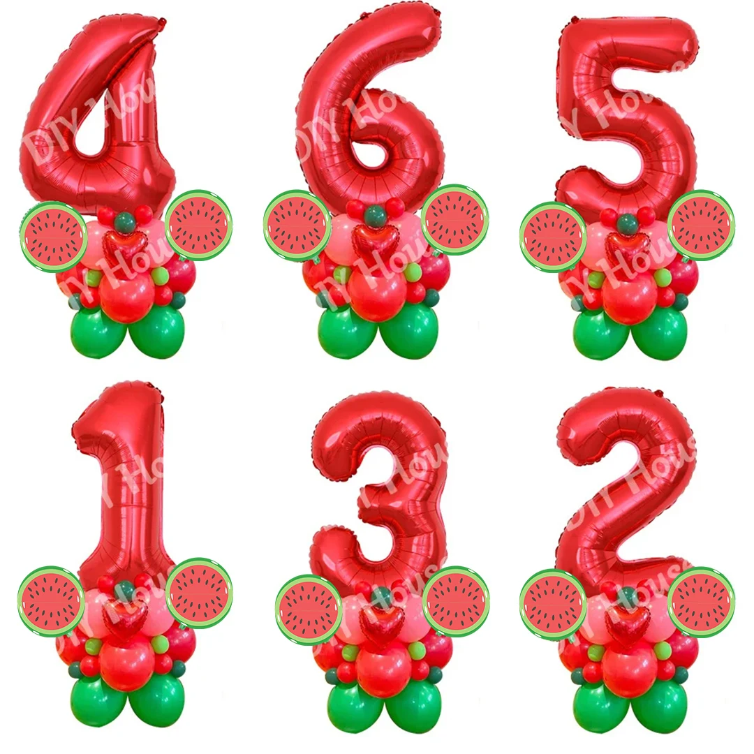 31pcs Watermelon Balloons Tower 32inch Red Number Balloon for Kids Summer Watermelon Happy Birthday Party Decoration Supplies