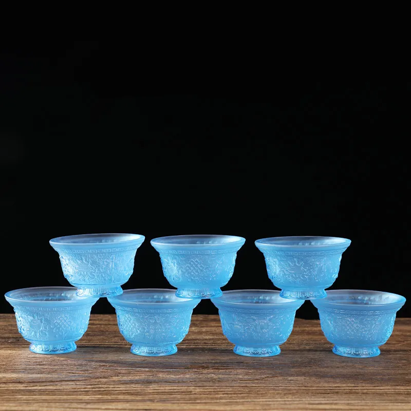 

8.4*5.1cm Resin Quality Sky Blue 7pscs/Set Eight Auspicious Symbol Treasured Decorate Lotus Base Home/Office Putting Bowls/Cups