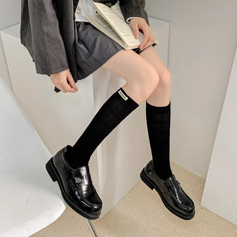 Women Spring and Autumn Vintage Tall Combed Cotton with Small Leather Shoes Long Socks To Show Thin Leg Socks