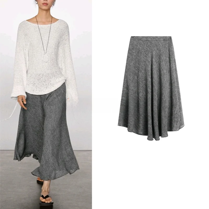

mat ey Draped Texture Mixed Fabric Midi Skirt Women's Autumn New Sle Stand Version A-Line Skirt Casual Wear