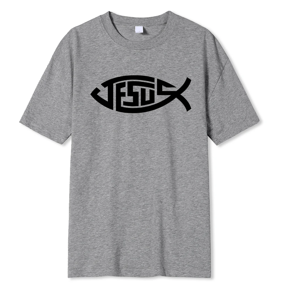 Jesus Little Fish Design Printing Mens T-Shirts Loose T-Shirts Cotton Breathable T-Shirt Oversized Tops Soft Quality Brand Tees