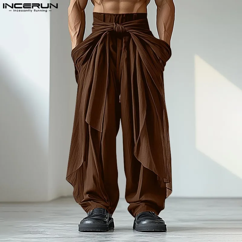 

INCERUN мужские широкие брюки однотонные джоггеры с эластичной резинкой на талии большие брюки нестандартной формы мужские уличные брюки на шнуровке 2025 длинные брюки