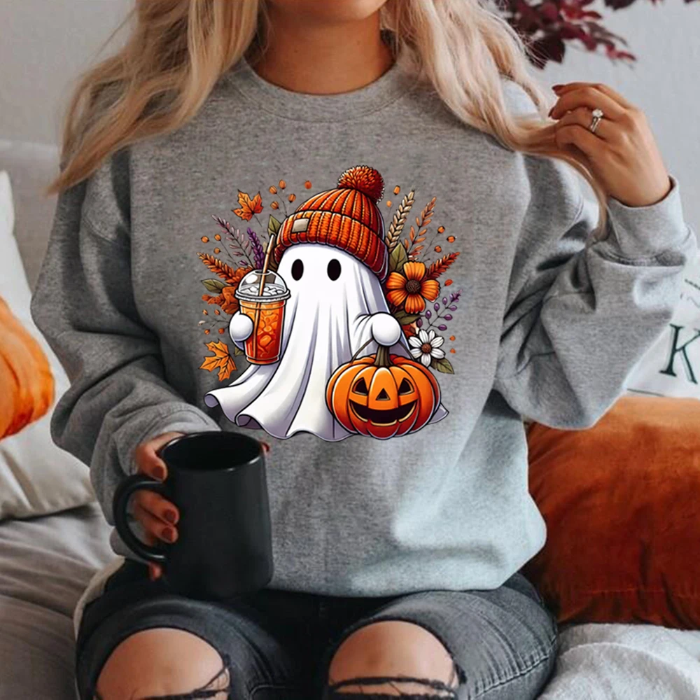 Halloween Cute Ghost Sweatshirt Pumpkin Spice Sweater Women Long Sleeve Sweatshirt Spooky Season Hoodie Trick or Treat Pullovers