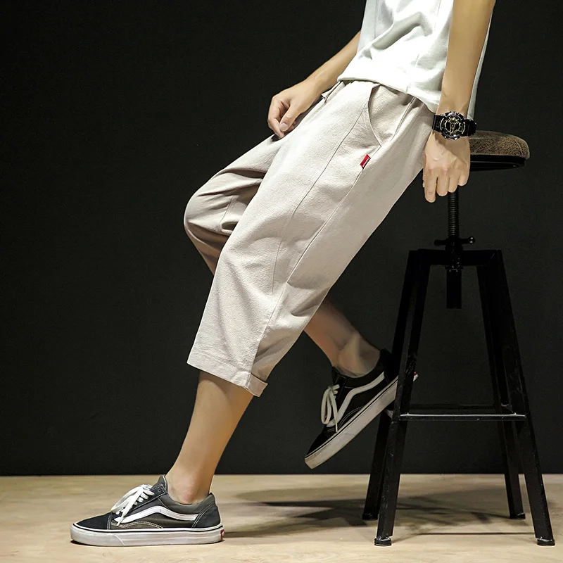 

Men's Summer Large Size Linen Calf-Length Pants Chinese Style Casual Loose Solid Color Drawstring Men Trousers