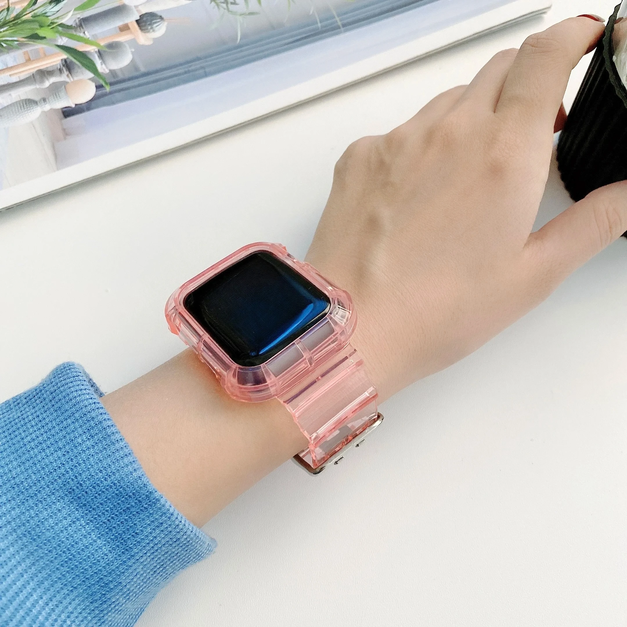 Прозрачный ремешок + чехол для Apple Watch Series 9 8 7 6 SE 5 49 мм 45 мм 44 мм 42 мм 41 мм Прозрачный пластиковый ремешок для iwatch 3 38 мм 40 мм