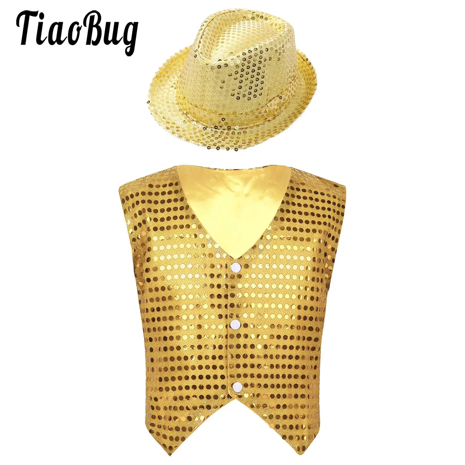 

Boys Jazz Latin Dance Set Disco Party Festival Prom Cosplay Stage Performance Costume Shiny Sequin Waistcoat Vest with Hat Set