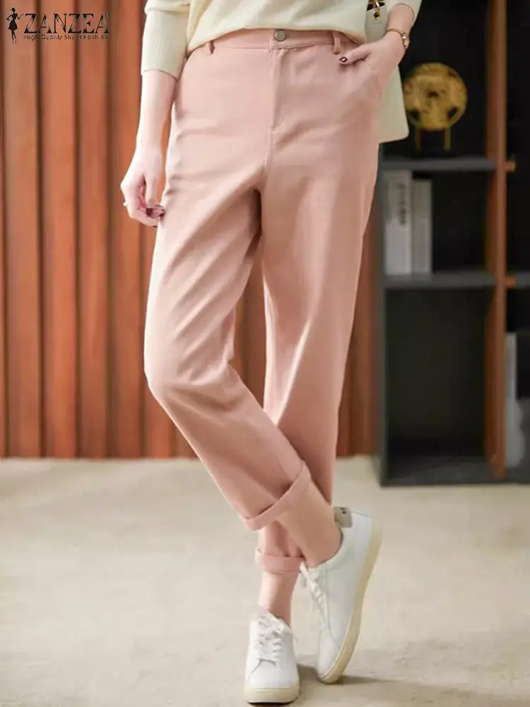 

ZANZEA Women Fashion Straight Trouser Long Pencil Pants Korean Mid Waist Pockets Work Pantalon Casual Office Radish Leg Pants