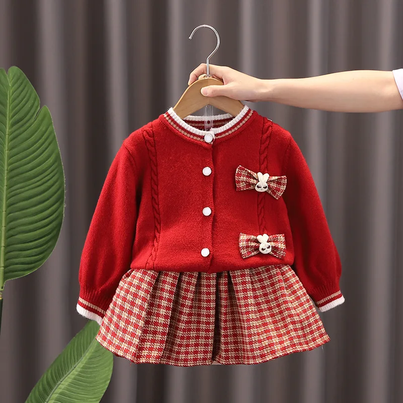 

Girls' sweater Autumn winter baby's annual red fashion dress children's knitting 2-piece set new 1-9Y