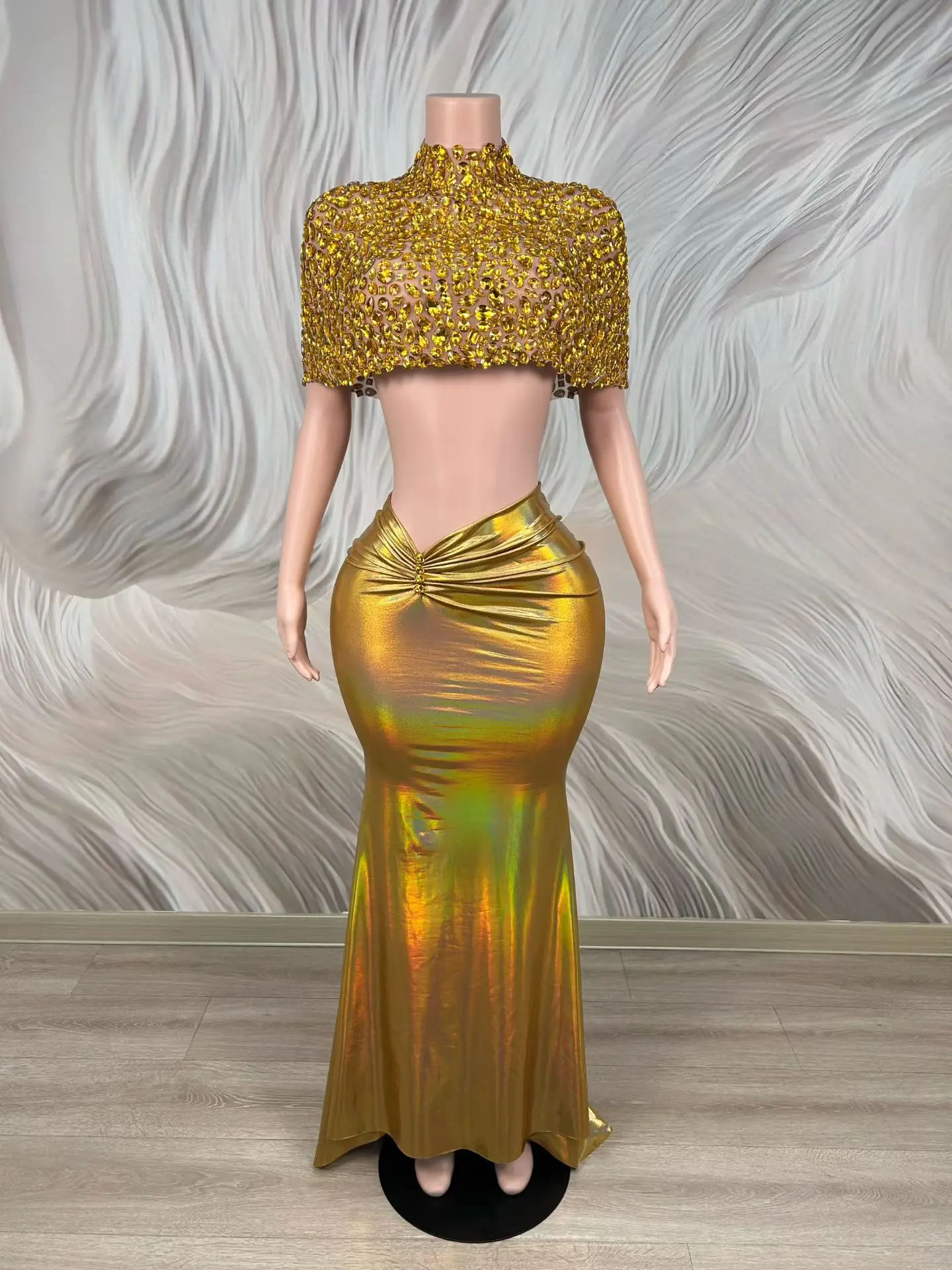 Gold Silver Rhinestone Shawl Mini Top Long Skirts 2 Piece Sets Women Night Club Party Dress Dinner Gown Singer Stage Costume