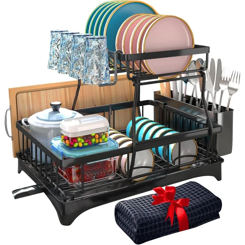 

Dish Drying Rack, 2-Tier Dish Racks for Kitchen Counter, Dish Rack with Drainboard & Mat,Dish Drainer with Knife, Fork Cup Rack