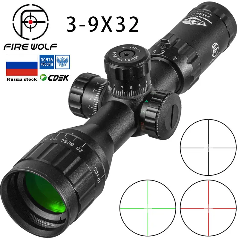 FIRE WOLF 3-9X32 Aol Tactical Hunting Scopes Red and Green Dot Illuminated Optics Scope Mil-Dot Sight Rifle Scope