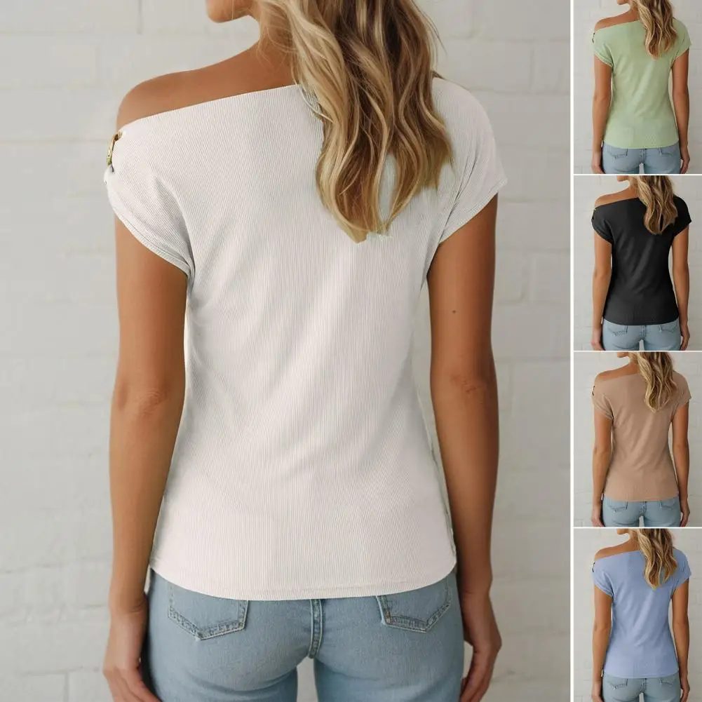 

Elegant Women's T-shirt Tops Summer Slanted Shoulder Sexy Short Sleeved Tshirt Blusas Mujer Блузка Metal Ring Decoration