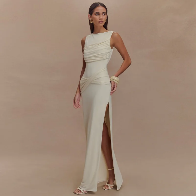 

O-Neck Pleated Women's Prom Dress Backless High Split Bandage Gown Multiple Colours High Waist Party Skirt New Arrival In Stock